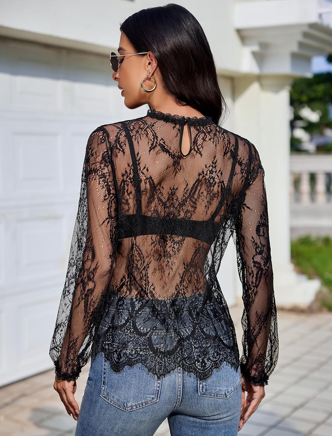 Floral Lace Mesh Top Long Sleeve Sheer Shirts Lingeries-Crop tops - Tophatter Daily Deals