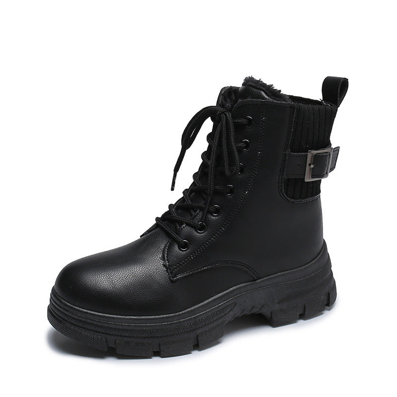 British Style Warm Fur Boots With Thick Heels Black 0 - Tophatter Daily Deals