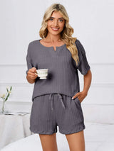 Notched Short Sleeve and Shorts Lounge Set Dark Gray Loungewear Sets - Tophatter Daily Deals