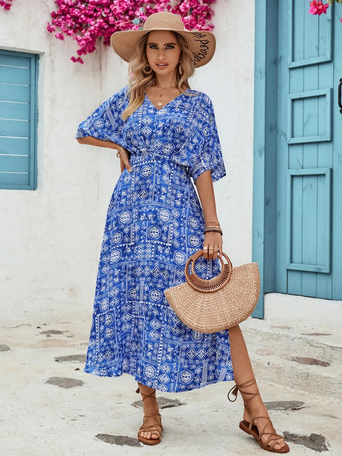 Slit Printed V-Neck Half Sleeve Dress Casual Dresses - Tophatter Daily Deals