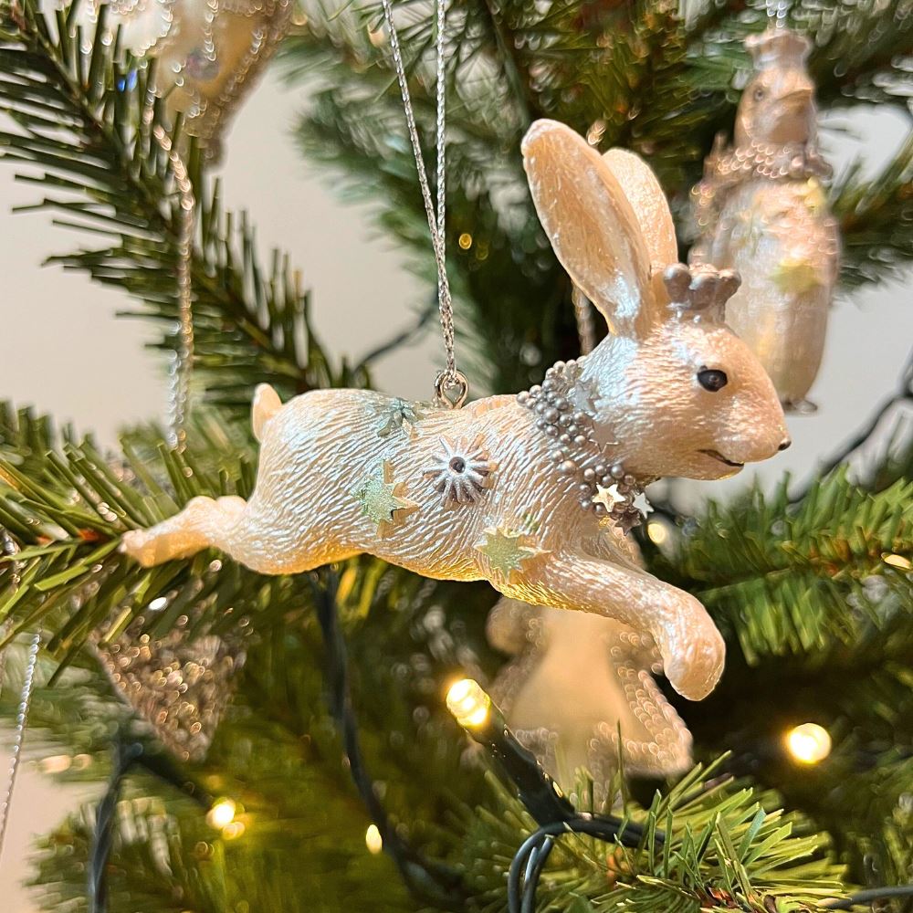 White Hare Christmas Tree Bauble | Resin Rabbit Christmas Tree Ornament - 10cm Baubles - Tophatter Daily Deals