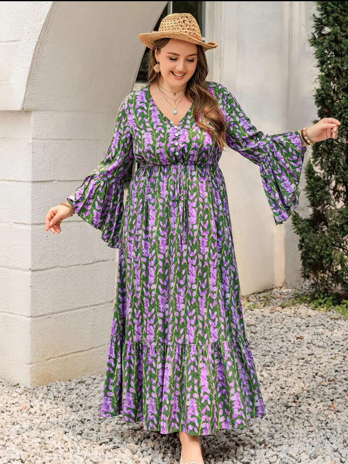 Plus Size Printed V-Neck Long Sleeve Maxi Dress Casual Dresses - Tophatter Daily Deals