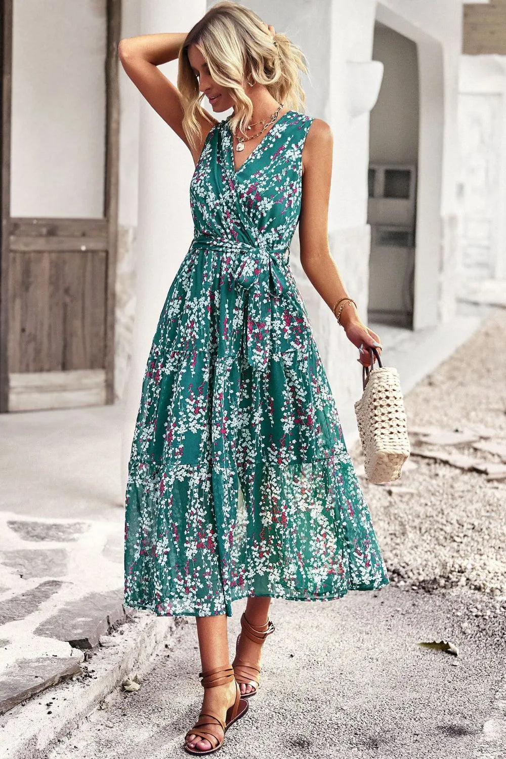 Floral Belted Surplice Sleeveless Tiered Dress Casual Dresses - Tophatter Daily Deals