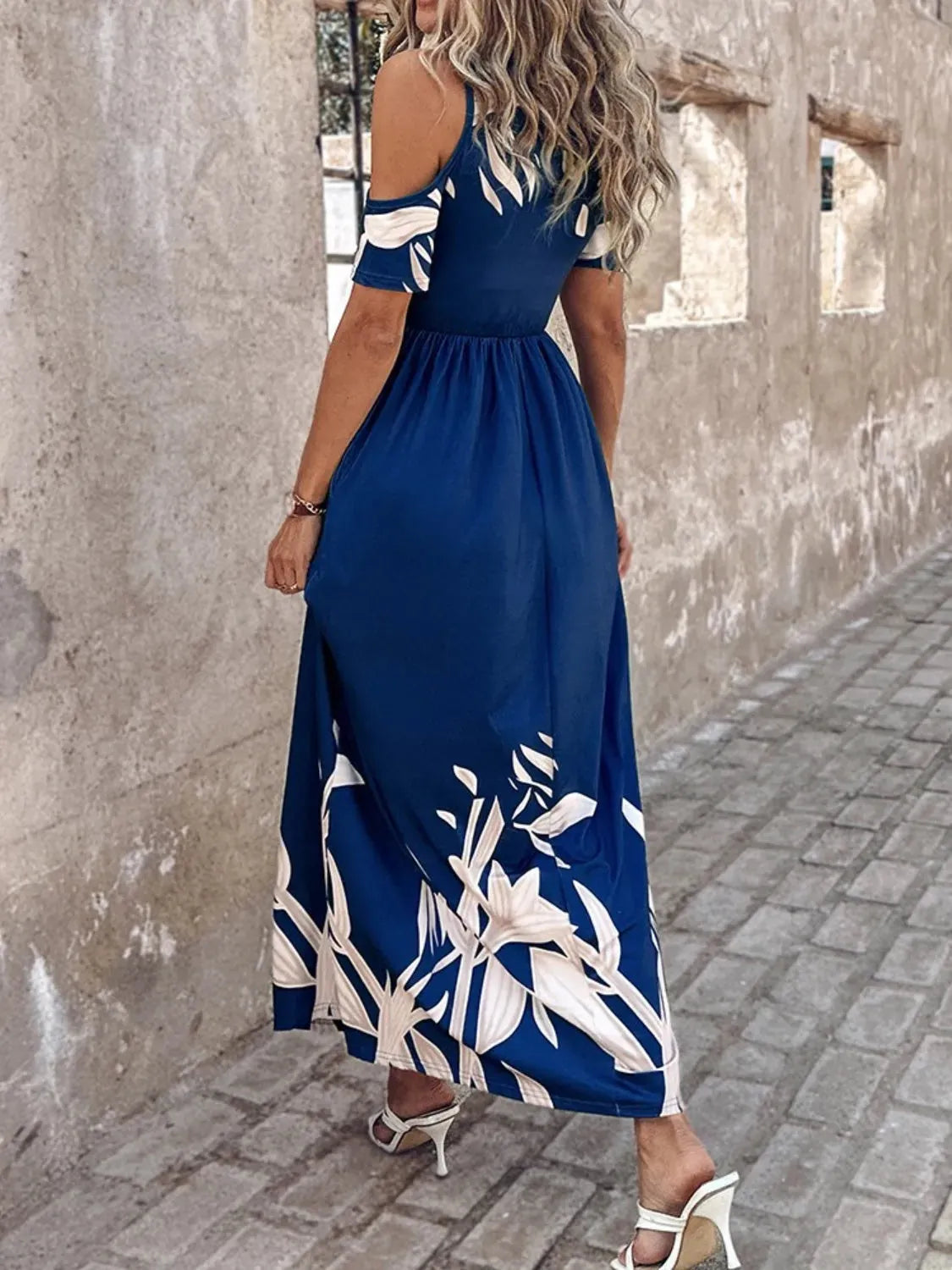 Printed Cold Shoulder Short Sleeve Maxi Dress Casual Dresses - Tophatter Daily Deals