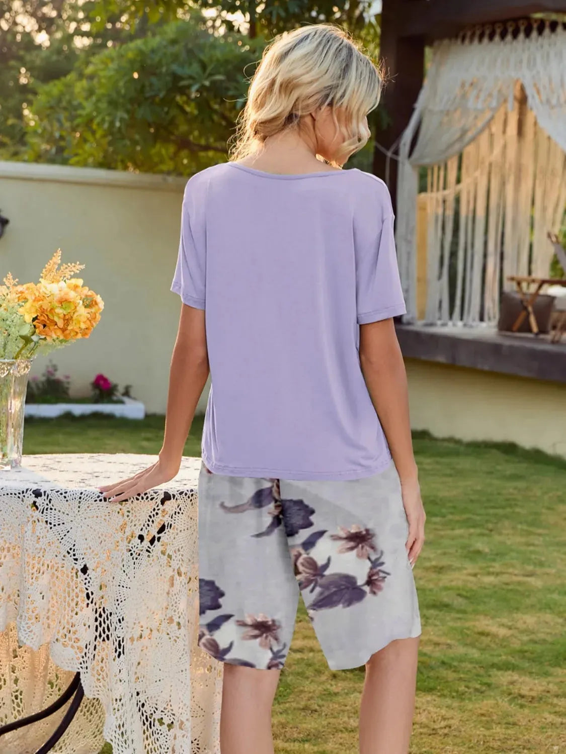 Short Sleeve Top and Printed Shorts Lounge Set Loungewear Sets - Tophatter Daily Deals