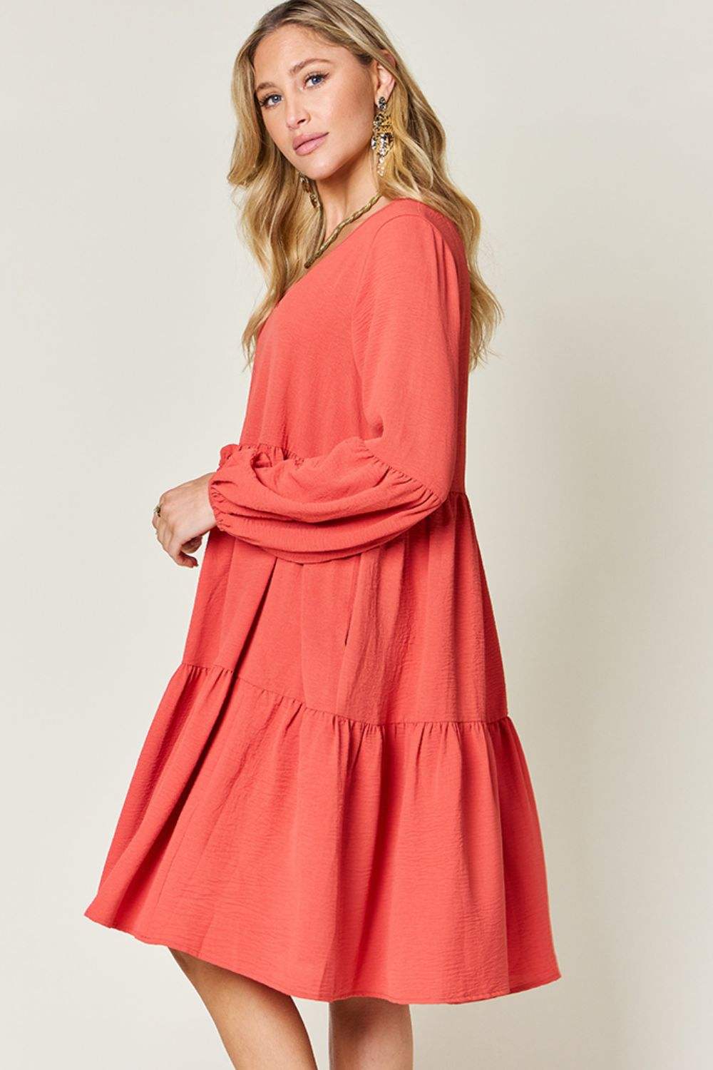 Double Take Full Size V-Neck Balloon Sleeve Tiered Dress Casual Dresses - Tophatter Daily Deals