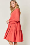 Double Take Full Size V-Neck Balloon Sleeve Tiered Dress Casual Dresses - Tophatter Daily Deals