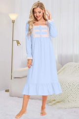 Lace Detail Square Neck Flounce Sleeve Night Dress Pastel Blue Sleep Dresses - Tophatter Daily Deals