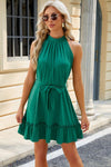 Ruched Grecian Neck Tie Waist Mini Dress Green Casual Dresses - Tophatter Daily Deals