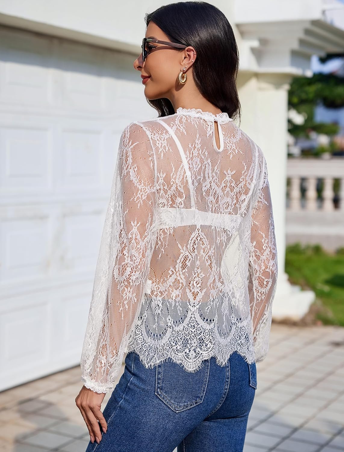 Floral Lace Mesh Top Long Sleeve Sheer Shirts Lingeries-Crop tops - Tophatter Daily Deals