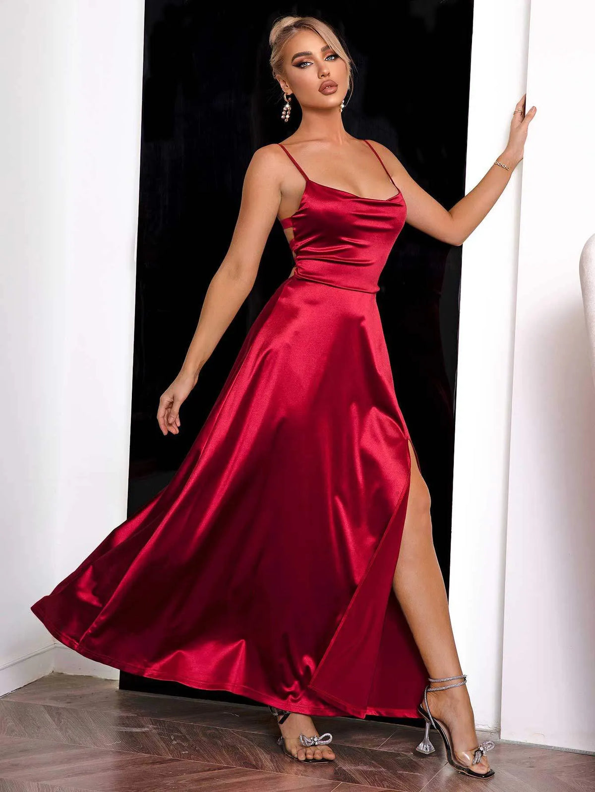 Spaghetti Strap Lace-Up Back Split Dress Cocktail Dresses - Tophatter Daily Deals