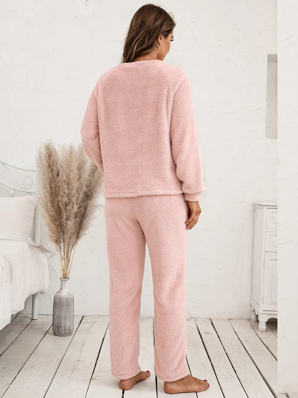 Teddy Long Sleeve Top and Pants Lounge Set Loungewear Sets - Tophatter Daily Deals