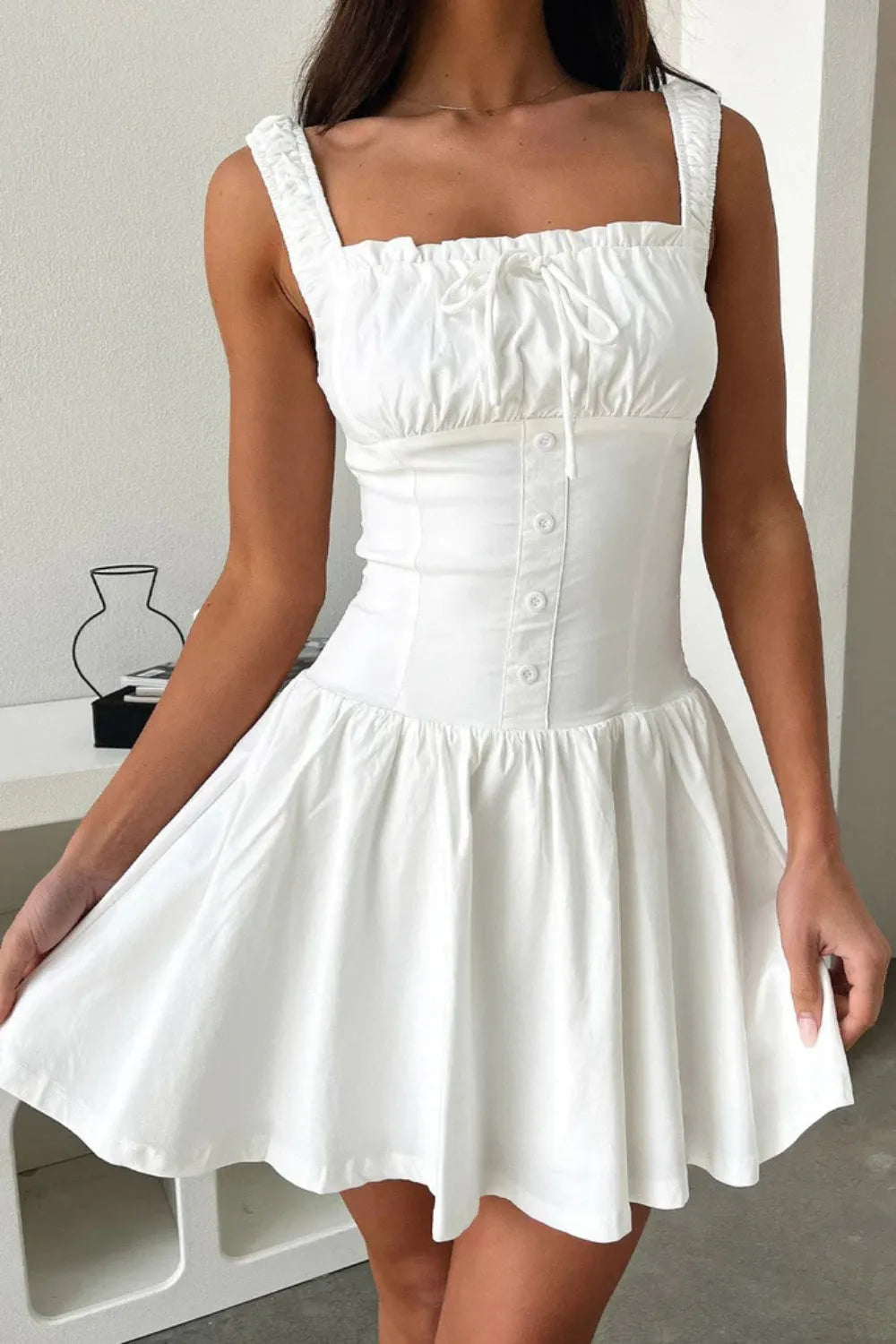 Decorative Button Square Neck Cami Dress White Casual Dresses - Tophatter Daily Deals