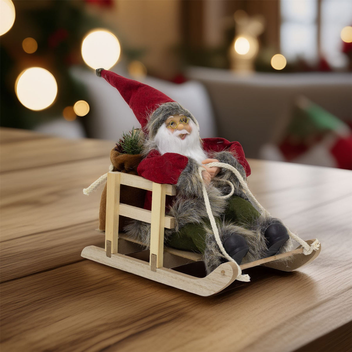Traditional Santa Claus on Wooden Sleigh | Rustic Father Christmas Figurine Ornament - Tophatter Daily Deals