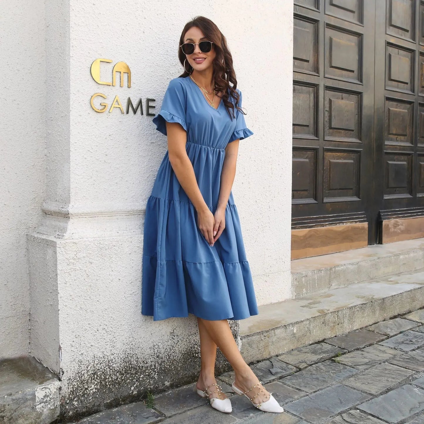V-Neck Short Sleeve Midi Dress Casual Dresses - Tophatter Daily Deals