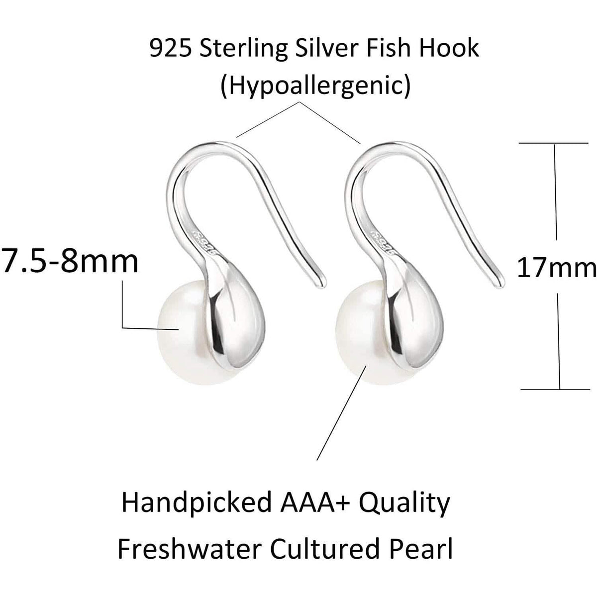 925 Sterling Silver 7.5-8mm White Freshwater Cultured Pearl Dangle Drop Earrings Earrings - Tophatter Daily Deals