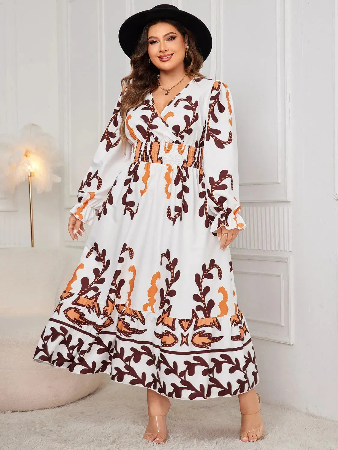 Honey Plus Size Printed Surplice Flounce Sleeve Dress Casual Dresses - Tophatter Daily Deals