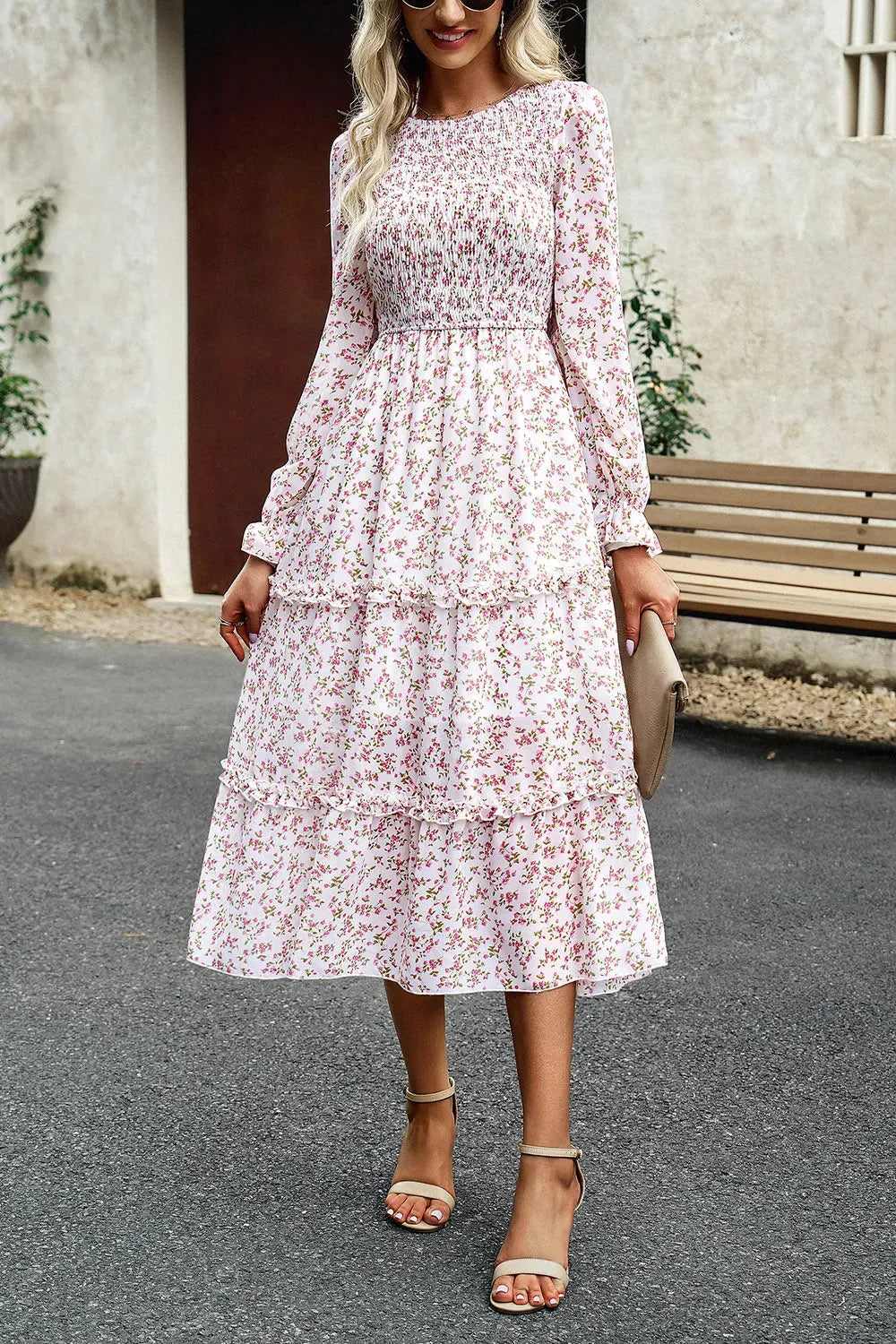 Smocked Flounce Sleeve Midi Dress Casual Dresses - Tophatter Daily Deals