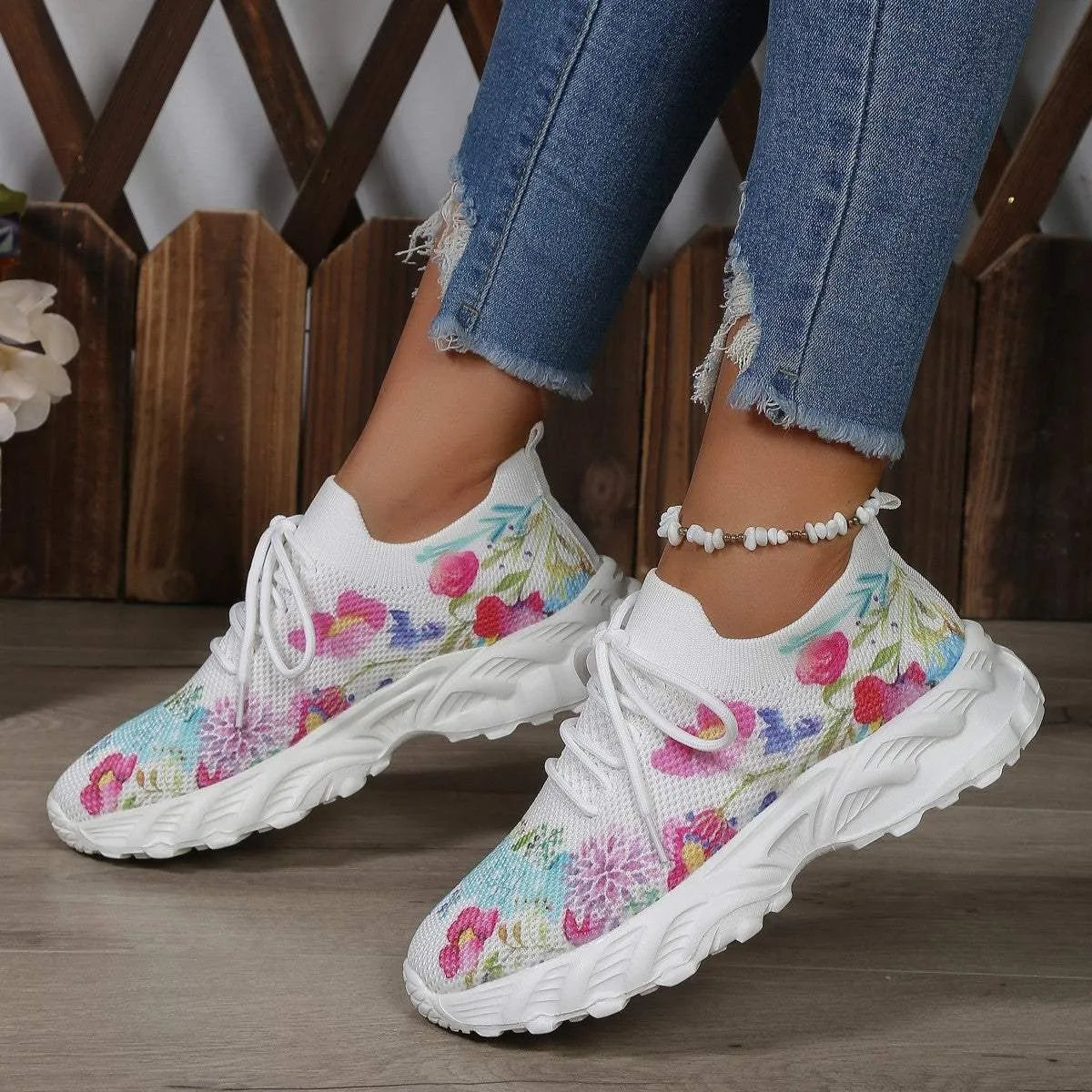 Women's Sports Shoes Flowers Print Walking Sneakers Casual Breathable Lace-up Mesh Shoes White Humidifier - Tophatter Daily Deals