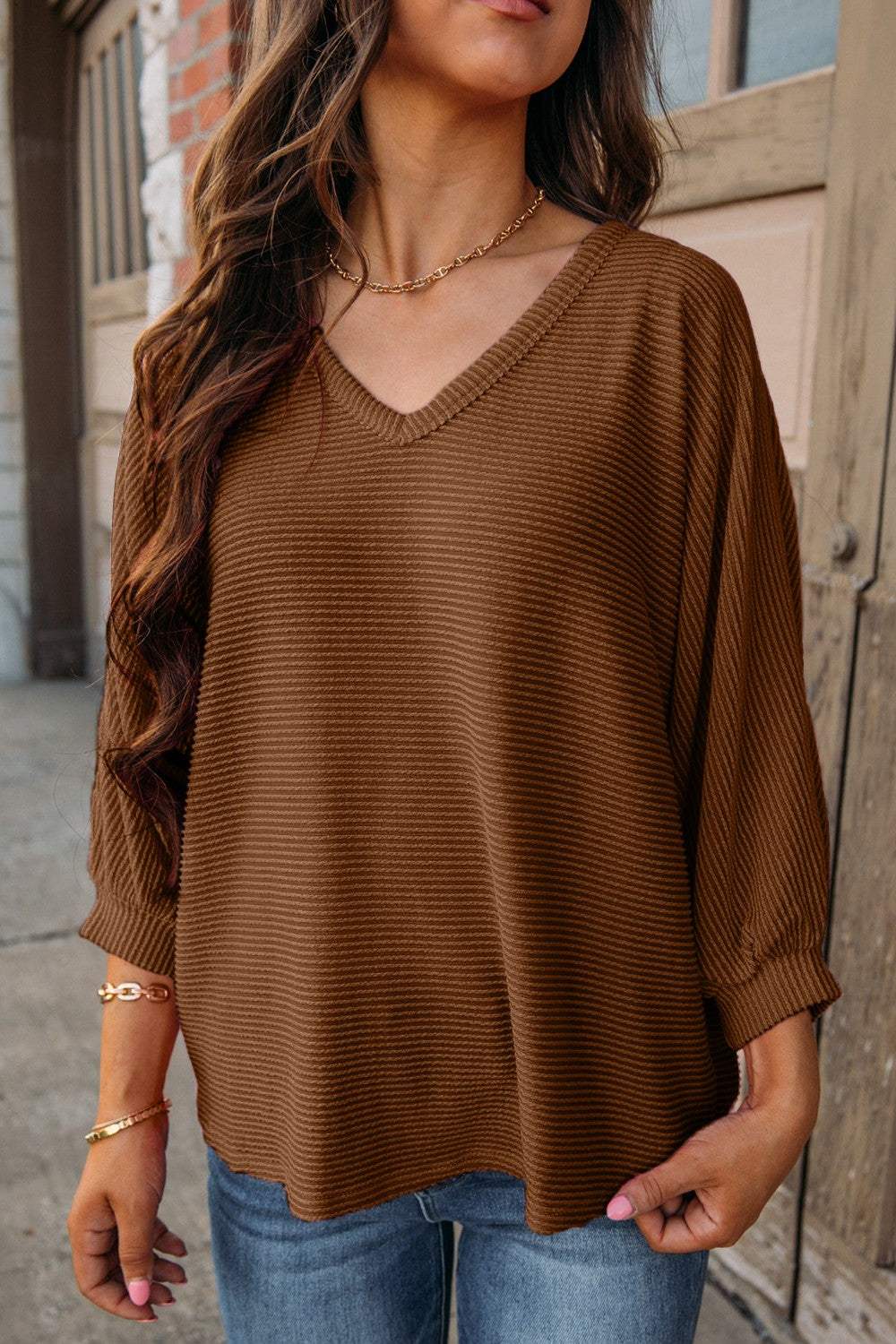 Striped V-Neck Raglan Sleeve T-Shirt Brown Women's T-Shirts - Tophatter Daily Deals