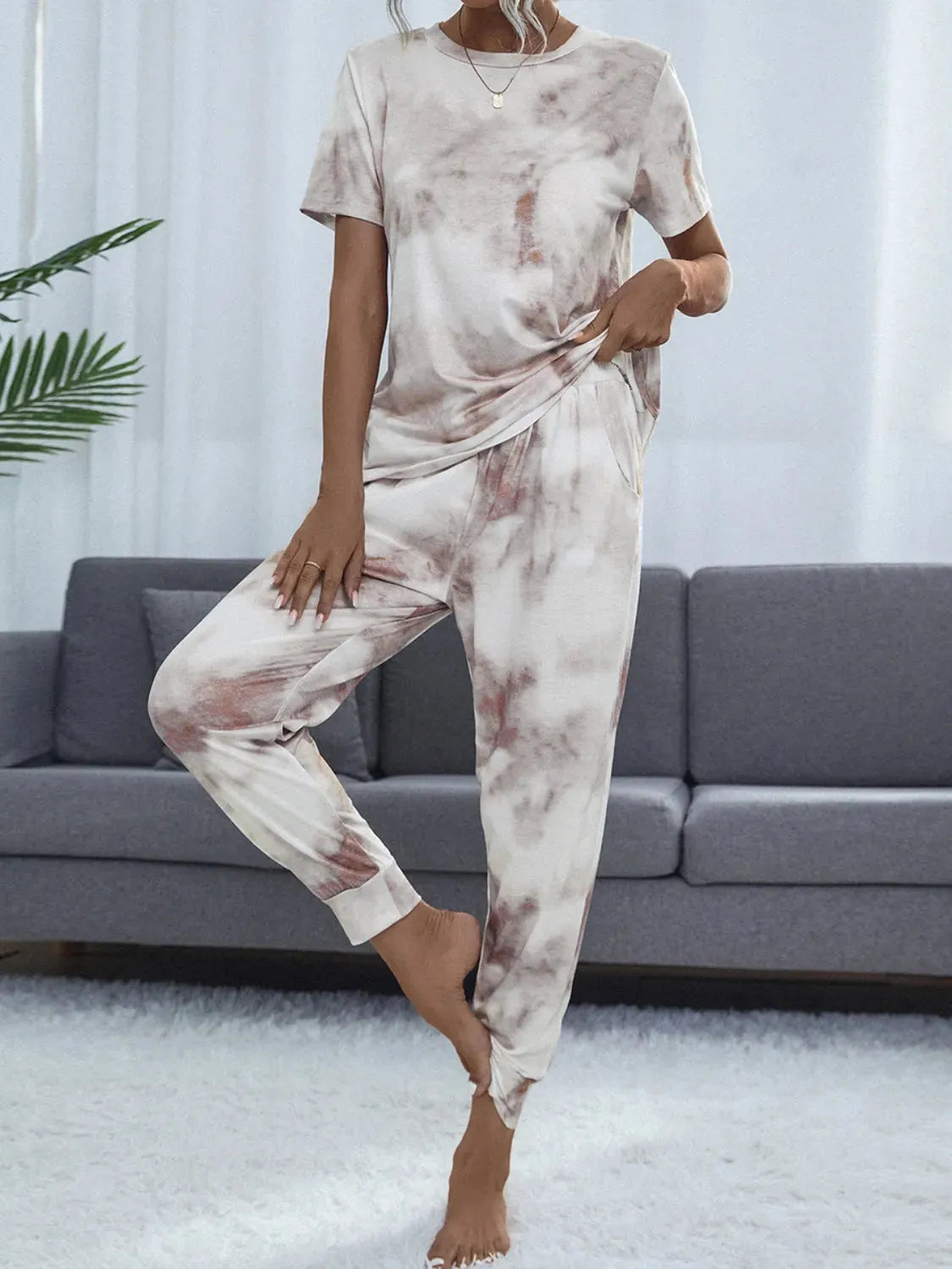 Tie-Dye Round Neck Short Sleeve Top and Pants Lounge Set Loungewear Sets - Tophatter Daily Deals