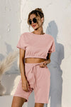 Short Sleeve Cropped Top and Drawstring Shorts Lounge Set Blush Pink Loungewear Sets - Tophatter Daily Deals