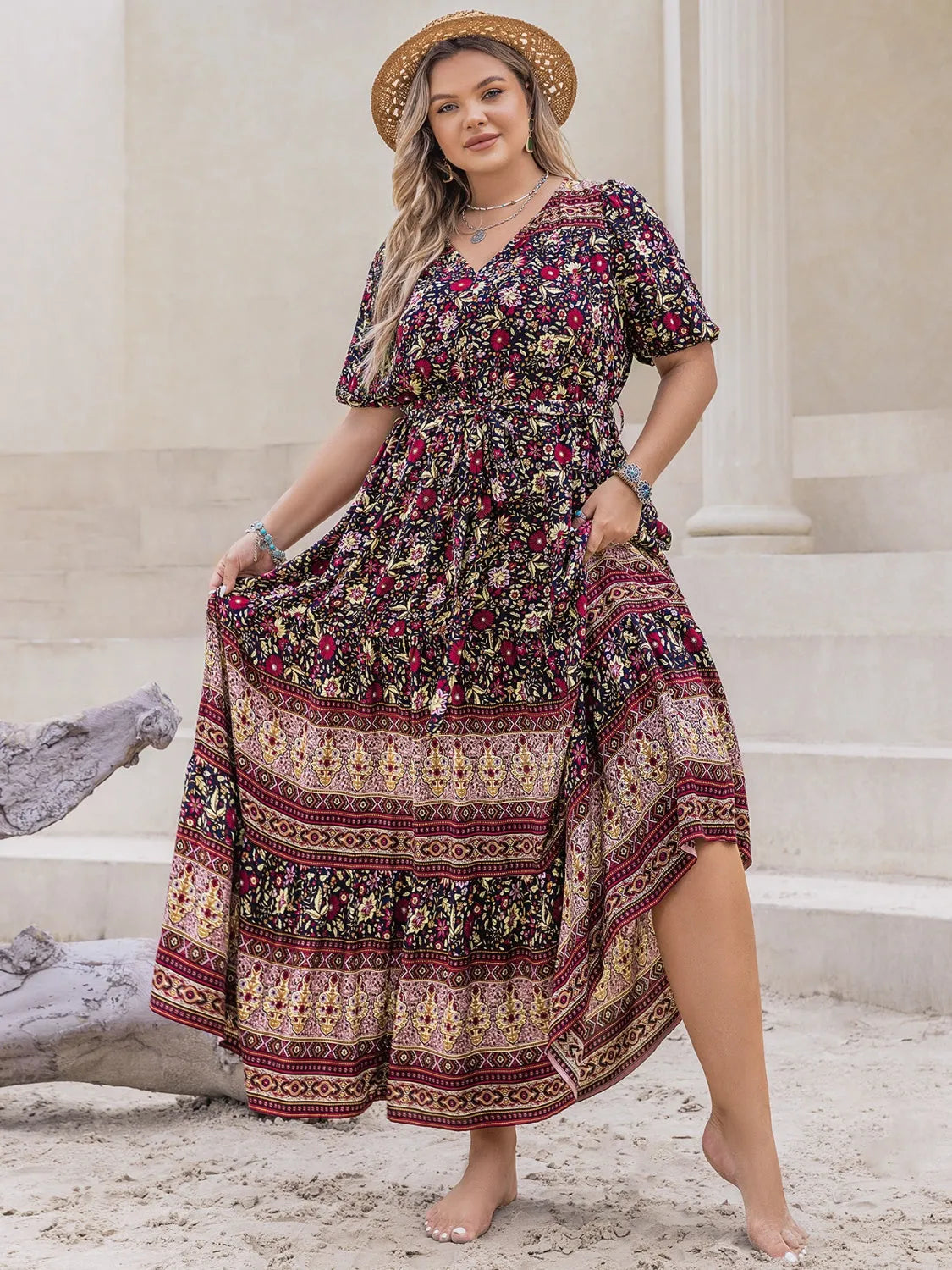 Plus Size Printed V-Neck Short Sleeve Maxi Dress Burgundy Casual Dresses - Tophatter Daily Deals