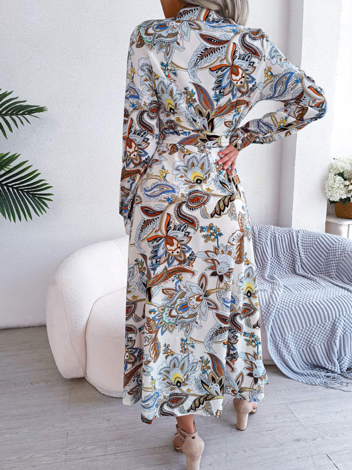 Tied Printed Long Sleeve Midi Dress Casual Dresses - Tophatter Daily Deals