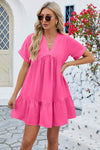 Ruched Tiered V-Neck Short Sleeve Mini Dress Hot Pink Casual Dresses - Tophatter Daily Deals