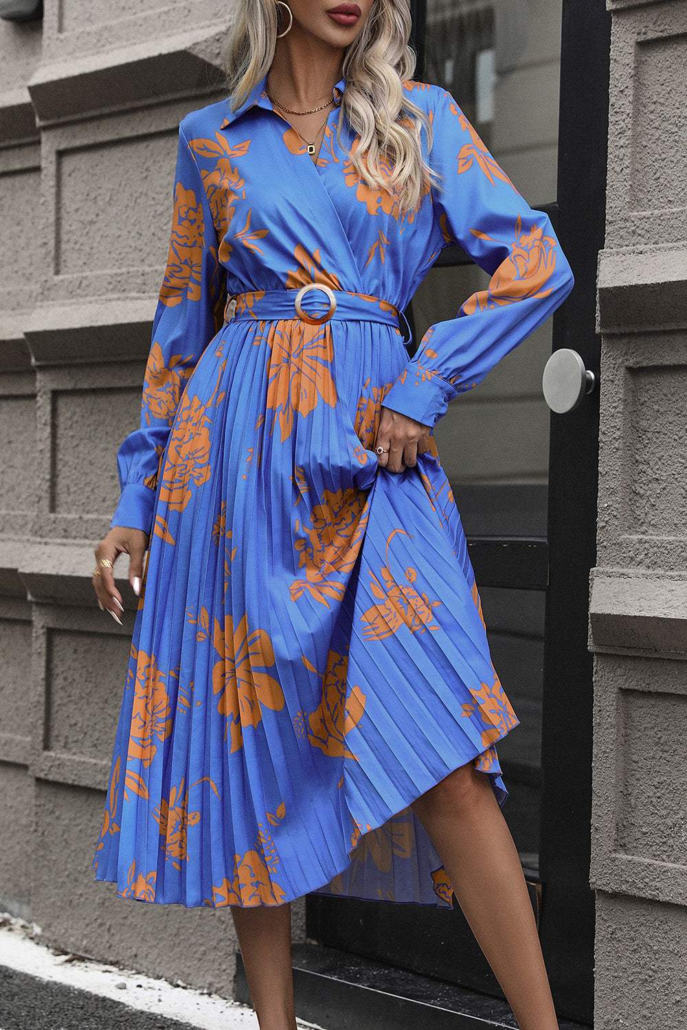 Floral Pleated Surplice Long Sleeve Midi Dress Casual Dresses - Tophatter Daily Deals