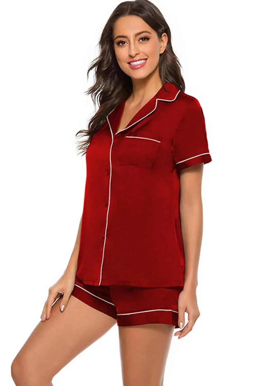 Printed Button Up Short Sleeve Top and Shorts Lounge Set Loungewear Sets - Tophatter Daily Deals