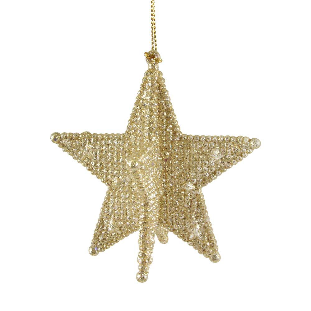 Gold Beaded Star Bauble | Gold Glitter 3D Star Christmas Tree Ornament - 9cm Baubles - Tophatter Daily Deals