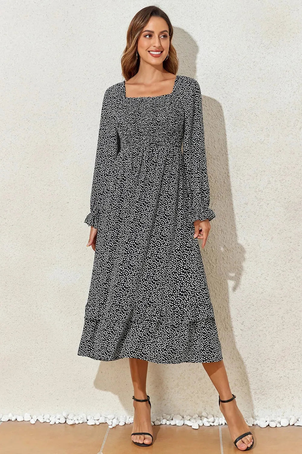 Printed Square Neck Long Sleeve Midi Dress Casual Dresses - Tophatter Daily Deals