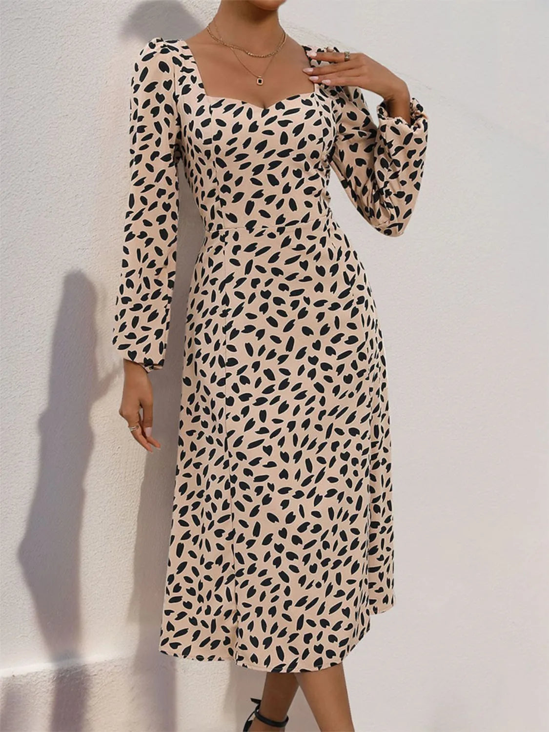 Tied Slit Printed Long Sleeve Midi Dress Casual Dresses - Tophatter Daily Deals