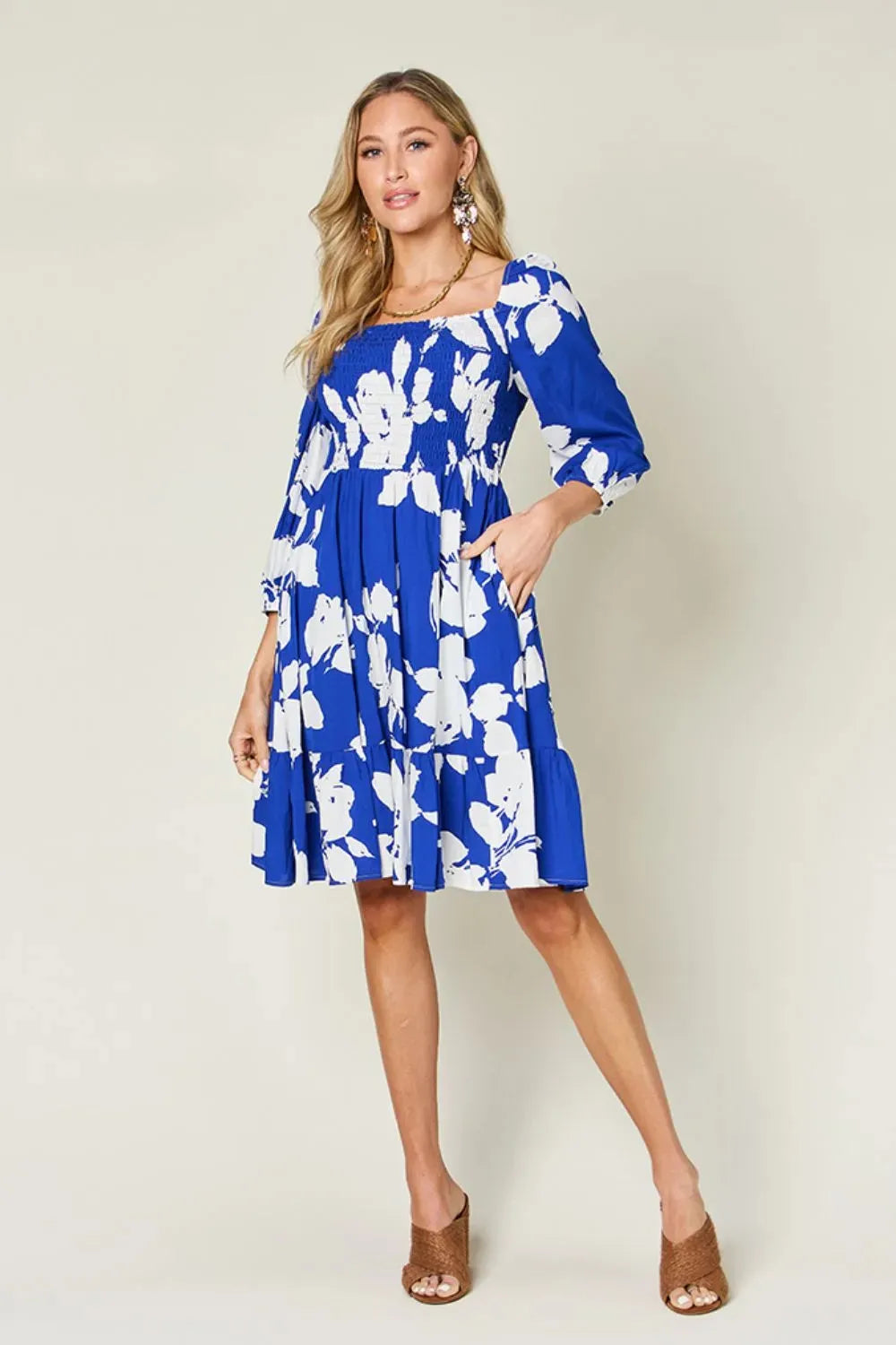 Double Take Full Size Floral Ruffle Hem Smocked Dress Casual Dresses - Tophatter Daily Deals