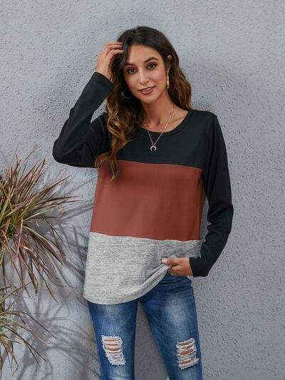 Color Block Round Neck Long Sleeve T-Shirt Brick Red Women's T-Shirts - Tophatter Daily Deals