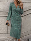 Printed Surplice Long Sleeve Midi Dress Turquoise Casual Dresses - Tophatter Daily Deals