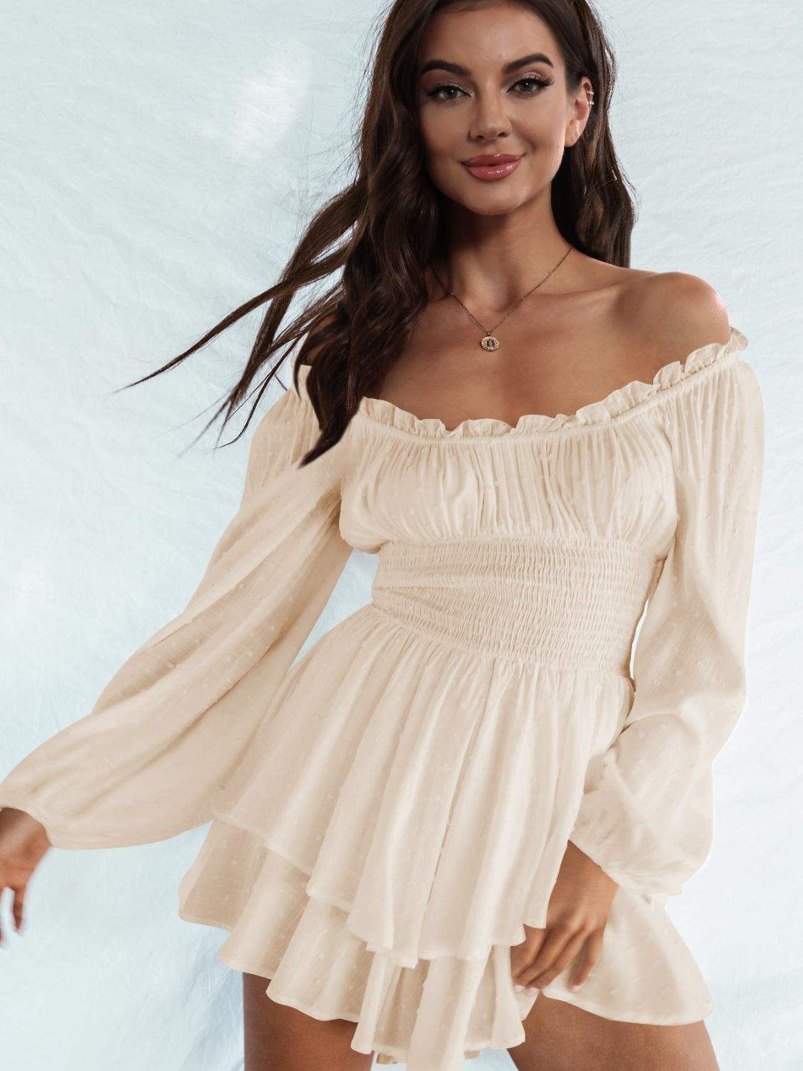 Off Shoulder Smocked Waist Romper Sand Casual Dresses - Tophatter Daily Deals