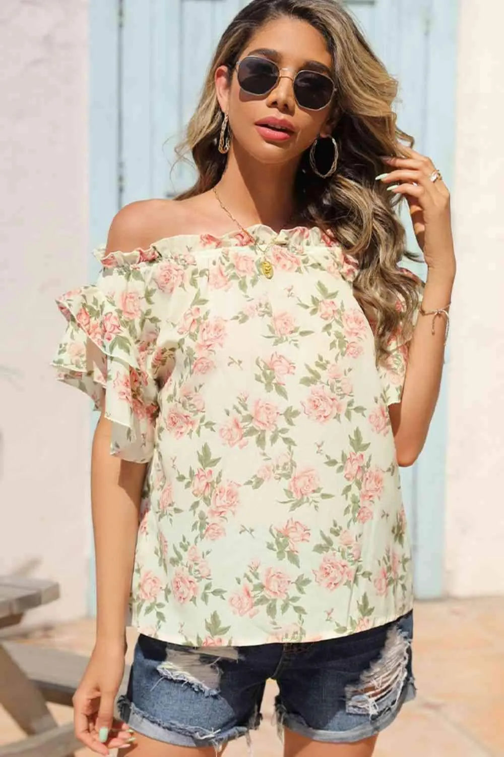Floral Frill Trim Off-Shoulder Blouse Floral Blouses - Tophatter Daily Deals
