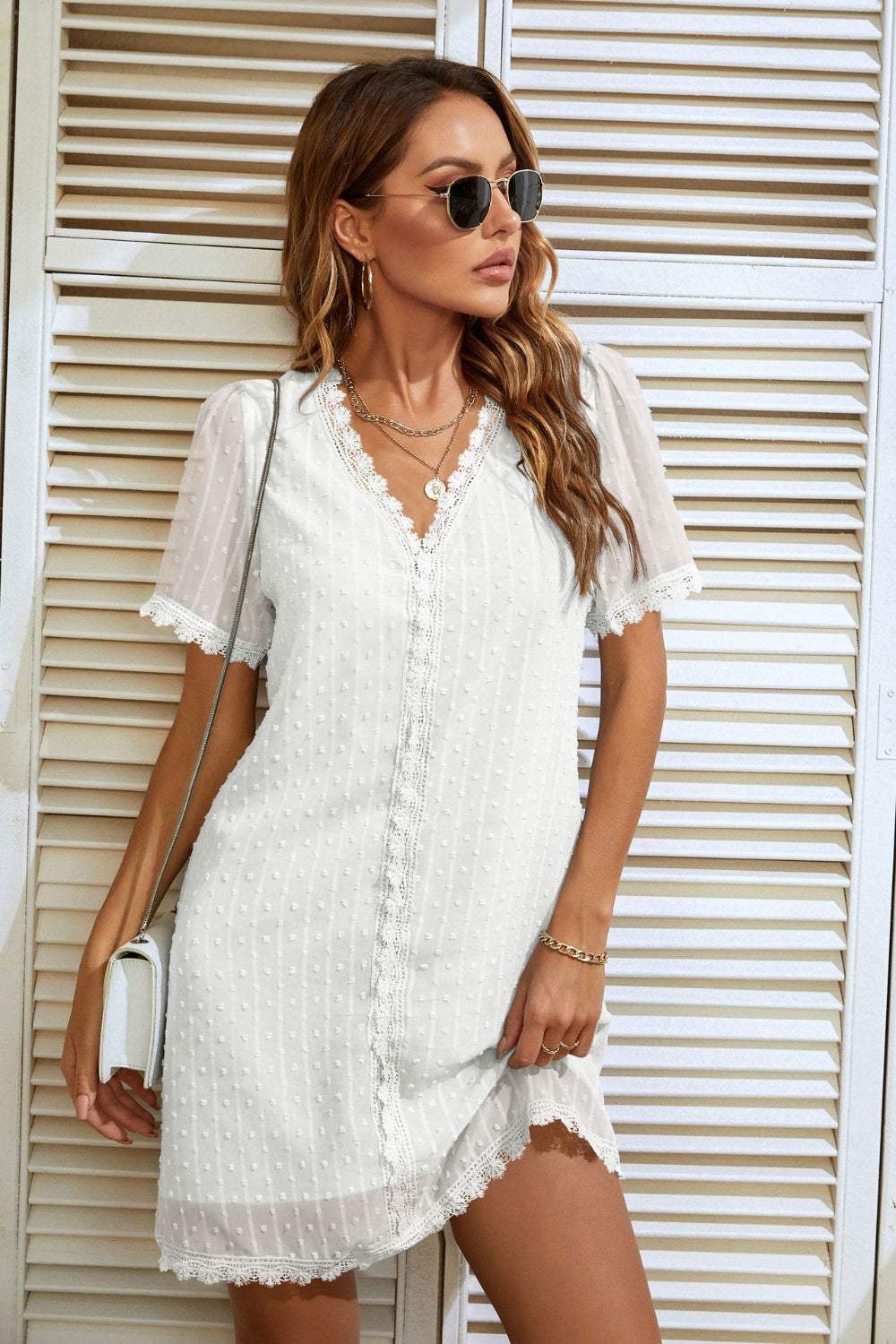 Lace Detail V-Neck Short Sleeve Dress Casual Dresses - Tophatter Daily Deals