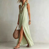 Striped Stand Collar Side-Slit Sleeveless Maxi Dress – A-Line Cami Women's Dresses - Tophatter Daily Deals