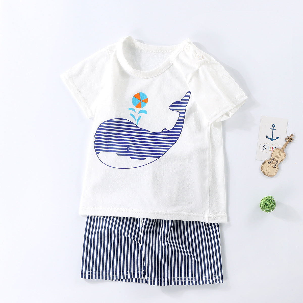 Boys And Girls Summer T-shirt Half Sleeve Suit Shorts Thin Striped Whale 0 - Tophatter Daily Deals