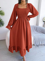 Smocked Square Neck Flounce Sleeve Dress Red Orange Casual Dresses - Tophatter Daily Deals