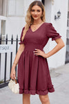 Swiss Dot Frill Trim Flounce Sleeve V-Neck Dress Wine Casual Dresses - Tophatter Daily Deals