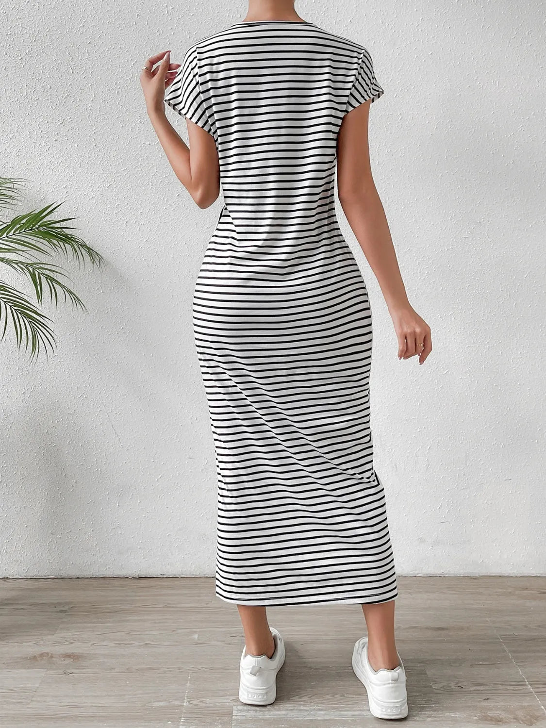 Tied Striped Round Neck Short Sleeve Tee Dress Black Casual Dresses - Tophatter Daily Deals