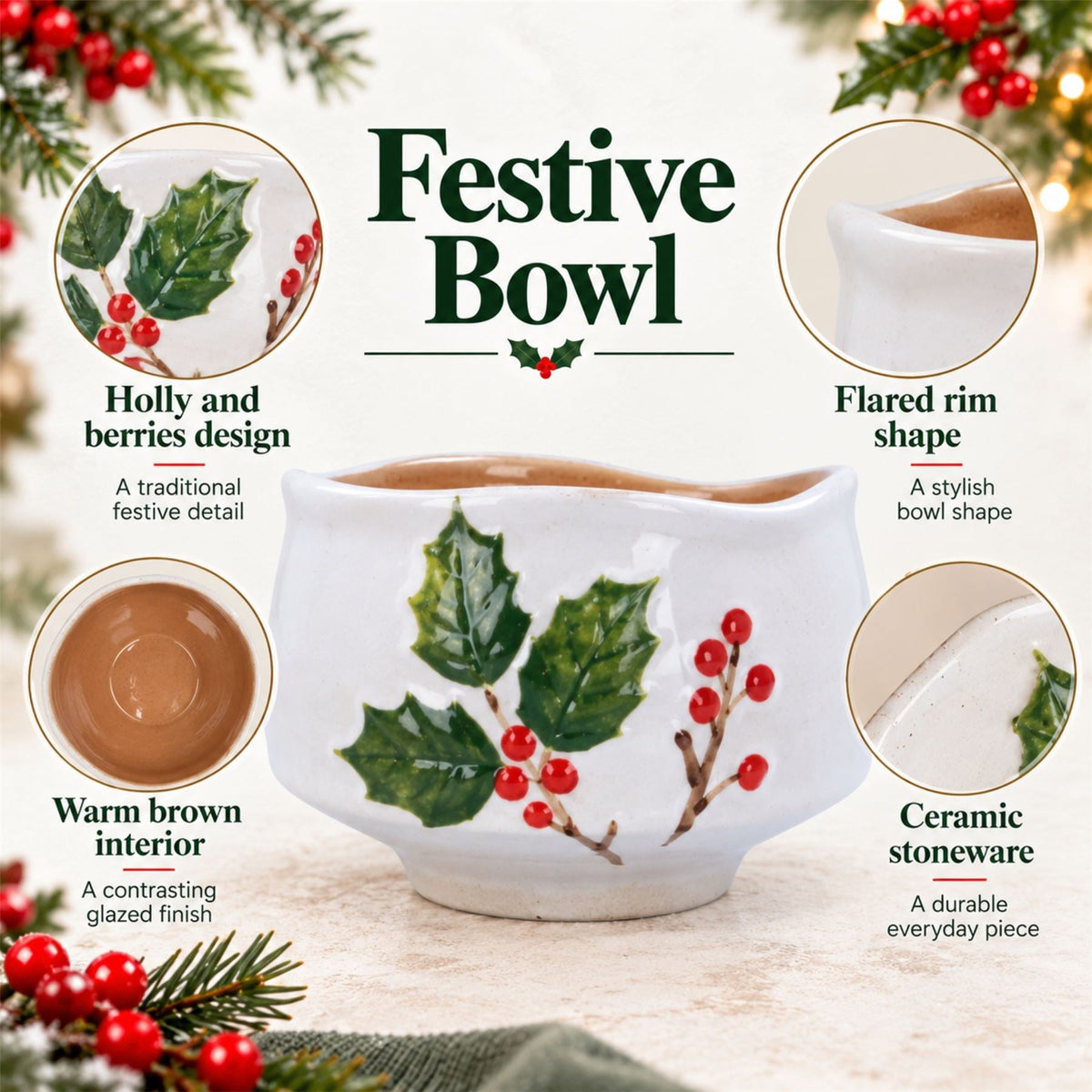 Holly & Berries Christmas Serving Bowl, Gisela Graham Ceramic 12.5cm Bowl - Tophatter Daily Deals