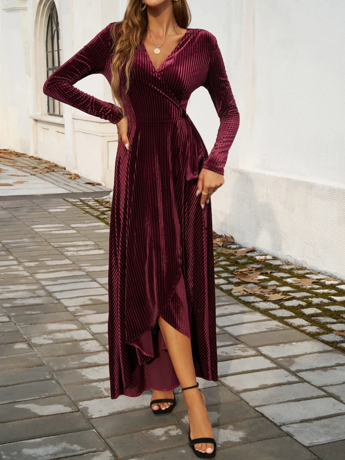 Devine Split Surplice Long Sleeve Midi Dress Casual Dresses - Tophatter Daily Deals