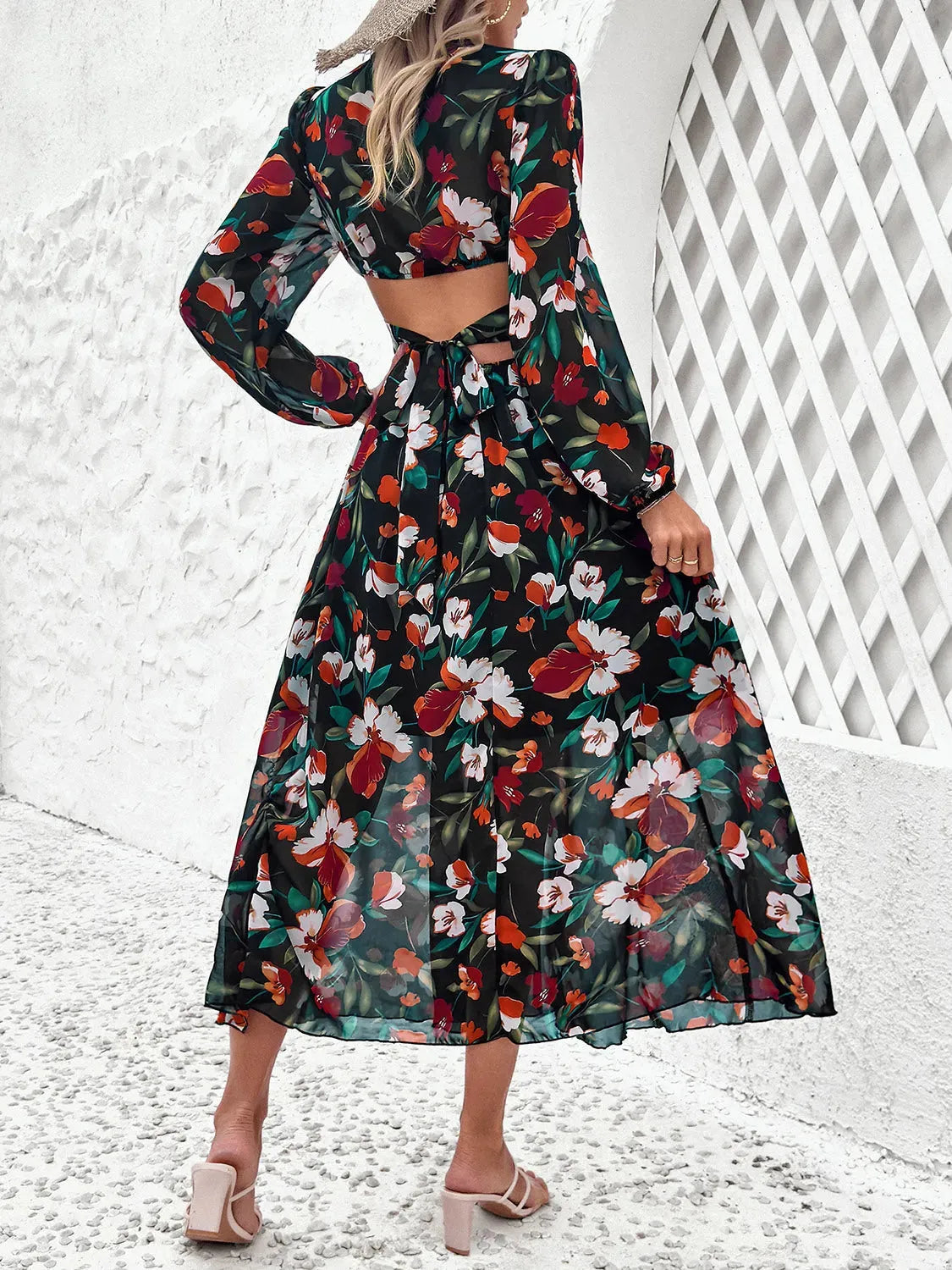 Cutout Printed V-Neck Balloon Sleeve Dress Casual Dresses - Tophatter Daily Deals