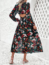 Cutout Printed V-Neck Balloon Sleeve Dress Casual Dresses - Tophatter Daily Deals