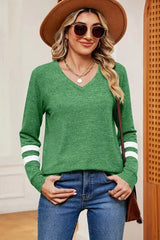 Striped V-Neck Long Sleeve T-Shirt Green Women's T-Shirts - Tophatter Daily Deals